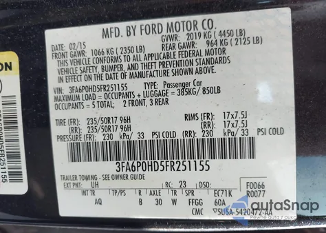 2015 Ford Fusion Se z USA, uszkodzony, nr VIN 3FA6P0HD5FR251155